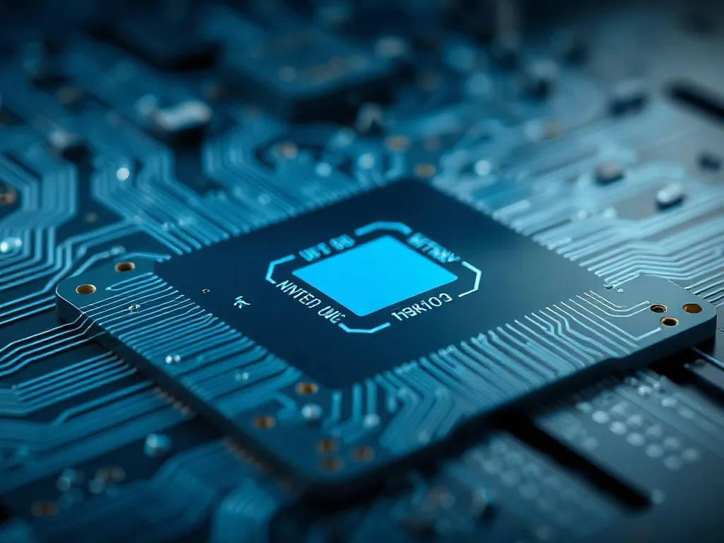 A close up high-tech macro shot of a silicon wafer with comp