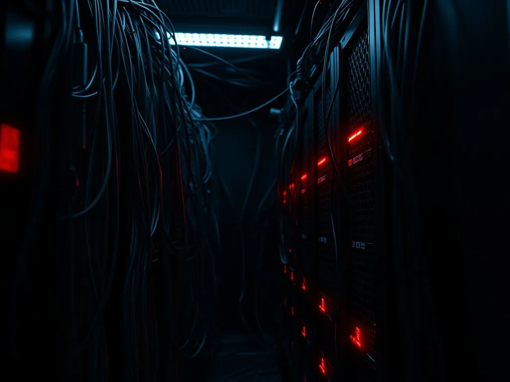 A close-up of a dark server room with messy cables and glowi