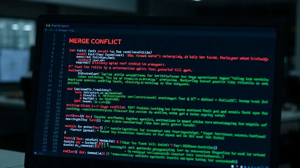 A computer screen showing a complex Git merge conflict with