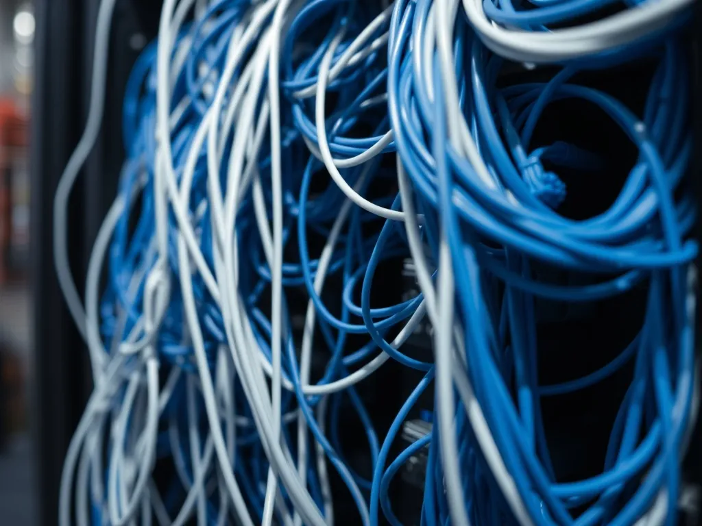 A high-contrast close-up of a server rack with messy, tangle