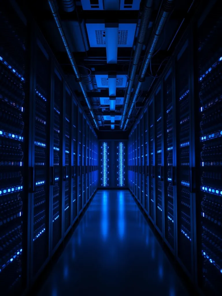 A dark data center with blue glowing lights on server racks,