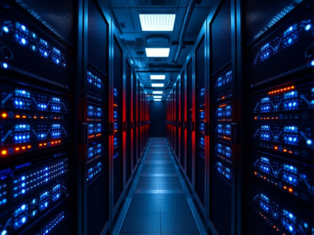 Close up of high-tech server racks with blue led lights in a